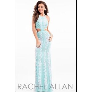 Rachel‎ Allan Mint Green Prom Dress Sz 4 Halter Neck Cutouts White Lace Appliqué